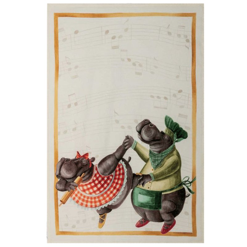 Linen Tea Towel Hippos Dancing