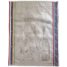 A rectangular woven kitchen towel featuring a vintage-style wine theme with illustrations of grapes, a wine bottle, two wine glasses, and the words 'Vins France'. The towel has a warm beige background with gray printed artwork and decorative borders in red, blue, green, and gold along the edges.