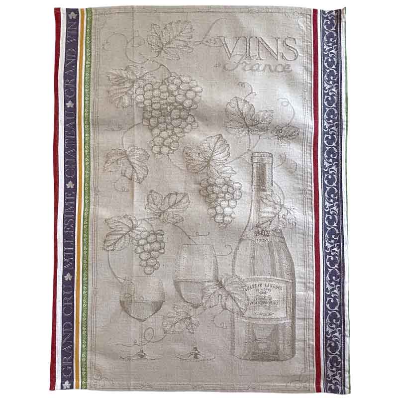 A rectangular woven kitchen towel featuring a vintage-style wine theme with illustrations of grapes, a wine bottle, two wine glasses, and the words 'Vins France'. The towel has a warm beige background with gray printed artwork and decorative borders in red, blue, green, and gold along the edges.