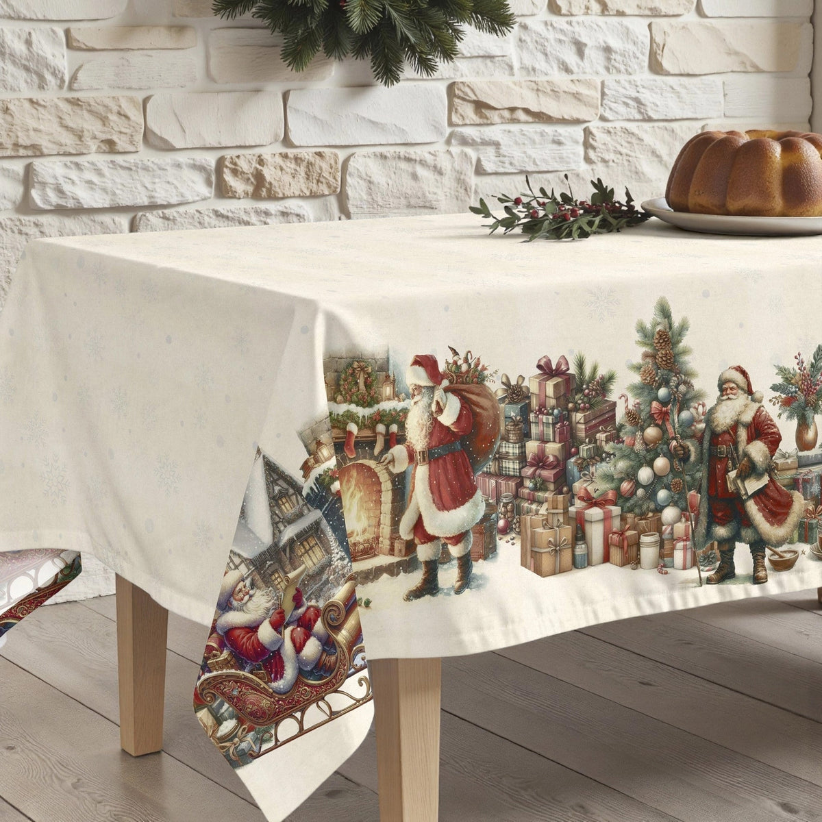Vintage Christmas tree design tablecloth in a rustic setting.