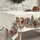 Vintage Christmas tree design tablecloth in a rustic setting.