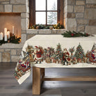 Vintage Christmas tree design tablecloth in a rustic setting.