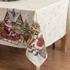 Vintage Christmas tree design stain-resistant tablecloth in a rustic setting.