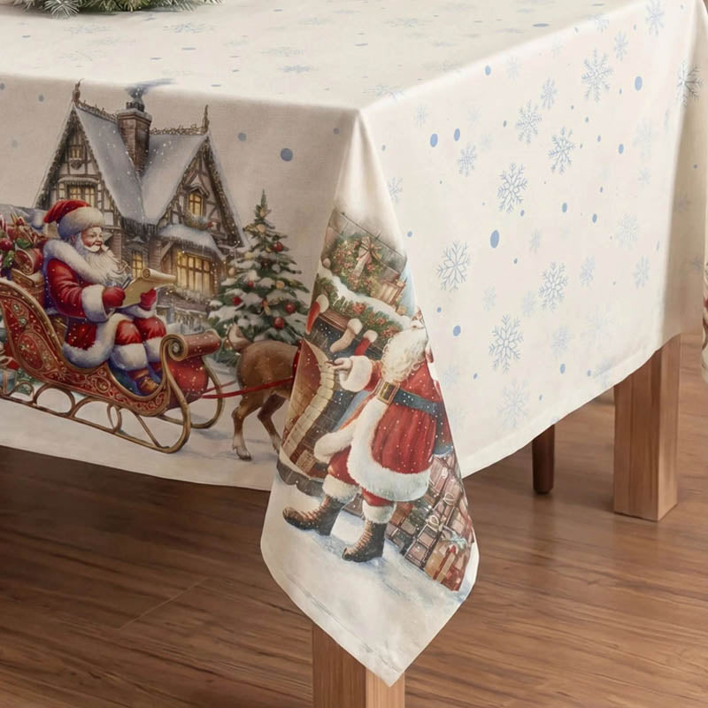 Vintage Christmas tree design stain-resistant tablecloth in a rustic setting.
