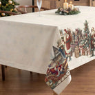 Vintage Christmas tree design stain-resistant tablecloth in a rustic setting.