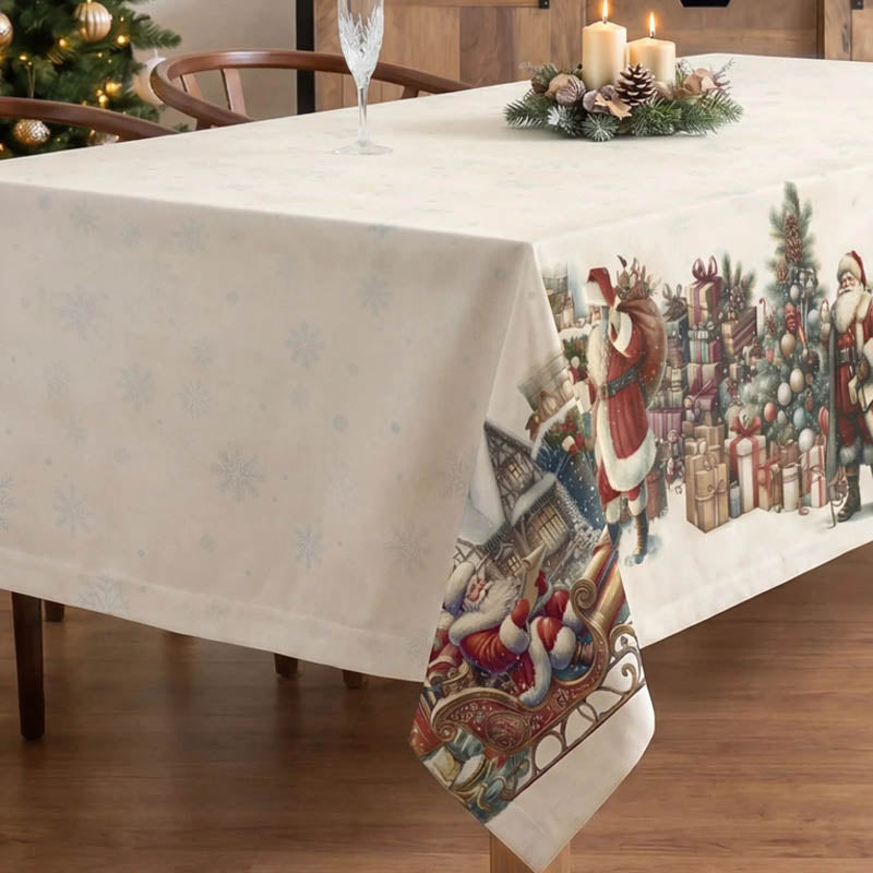 Vintage Christmas tree design stain-resistant tablecloth in a rustic setting.