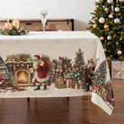 Vintage Christmas tree design stain-resistant tablecloth in a rustic setting.