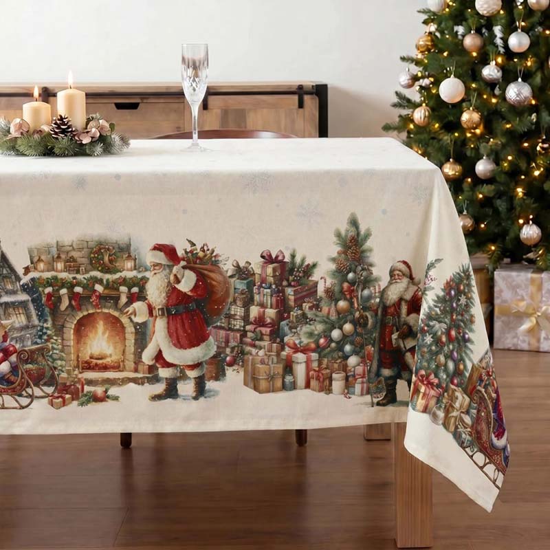 Vintage Christmas tree design stain-resistant tablecloth in a rustic setting.