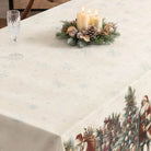 Vintage Christmas tree design stain-resistant tablecloth showing the top snowflakes design.