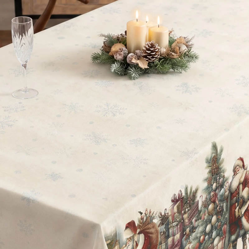 Vintage Christmas tree design stain-resistant tablecloth showing the top snowflakes design.