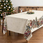 Vintage Christmas tree design stain-resistant tablecloth in a rustic setting.