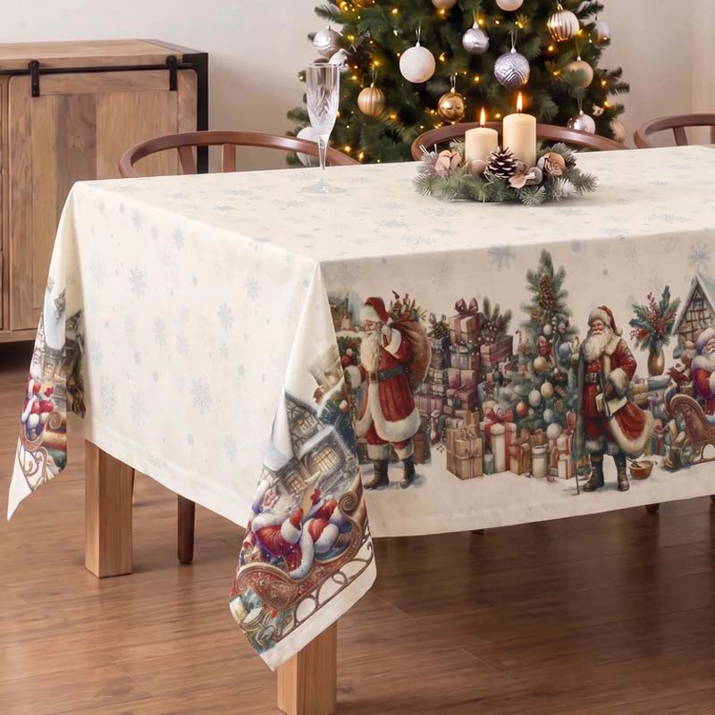Vintage Christmas tree design stain-resistant tablecloth in a rustic setting.