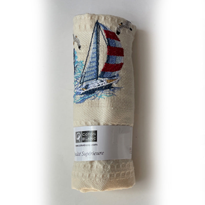 Waffle French Tea Towel Marine Cream