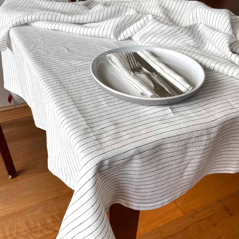 White black stripe linen rectangle tablecloth
