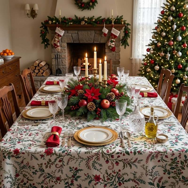 Laponia tablecloth on a Christmas dining table with red napkins and gold rimmed plates