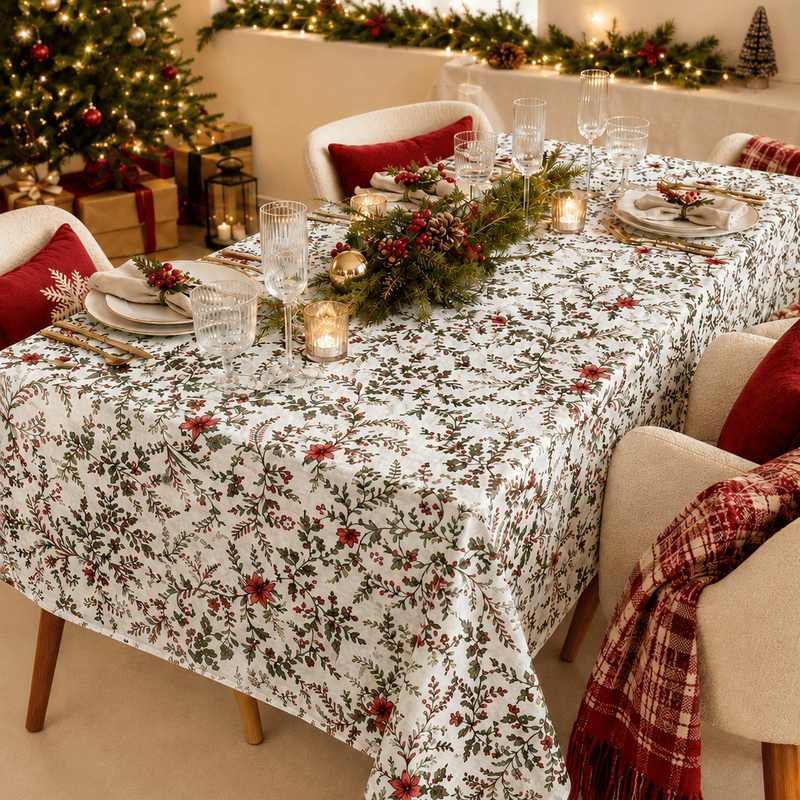 Laponia rectangle tablecloth set for Christmas with greenery, candles and white plates