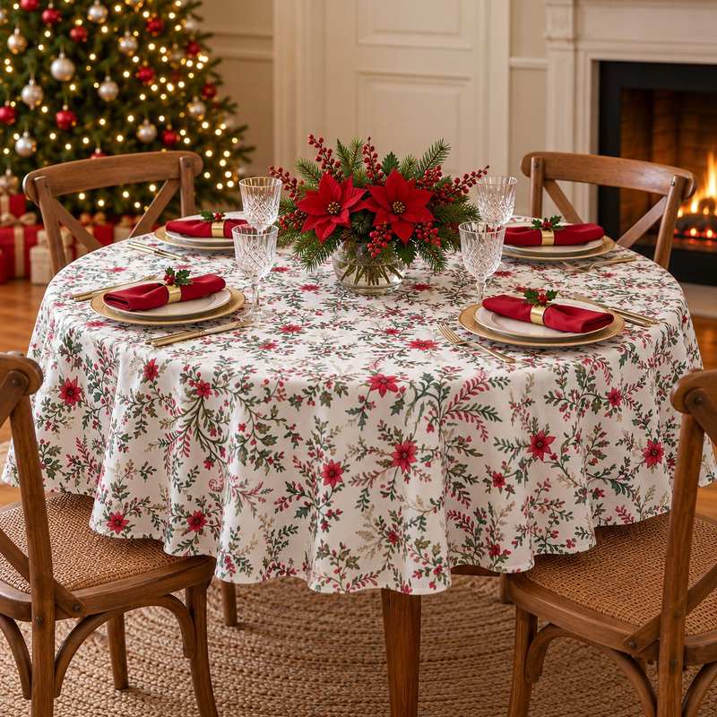 Laponia round Christmas tablecloth with red flowers and green foliage, set with red napkins and white plates