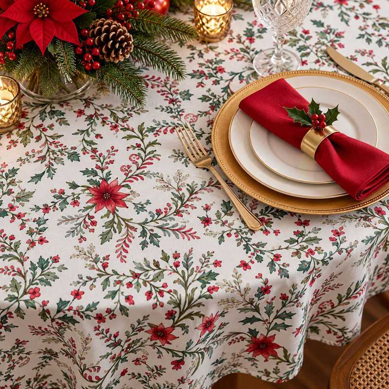 Close view of the Laponia round tablecloth with a red napkin, gold rimmed plates and Christmas greenery