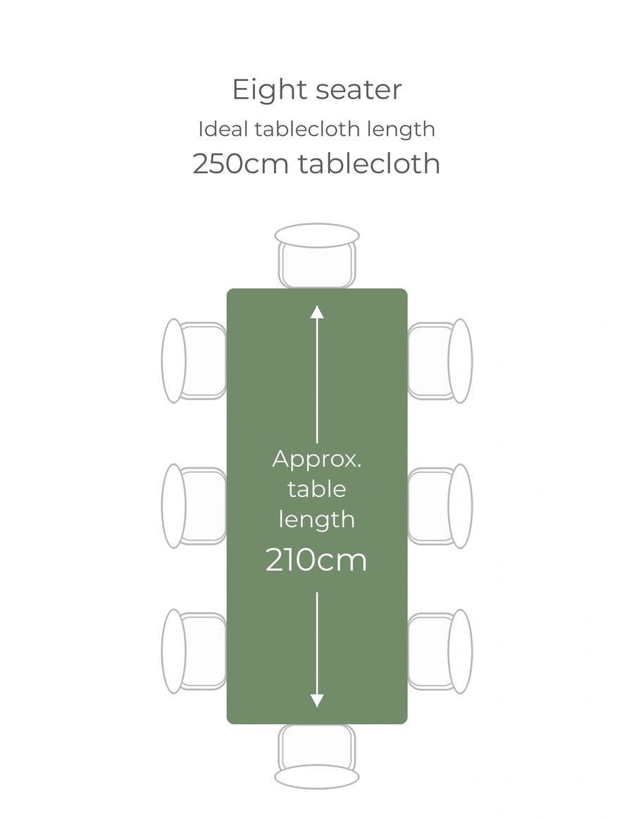 8 seater rectangle table, approximately 210cm long: ideal tablecloth length 250cm. Check table width and preferred overhang.