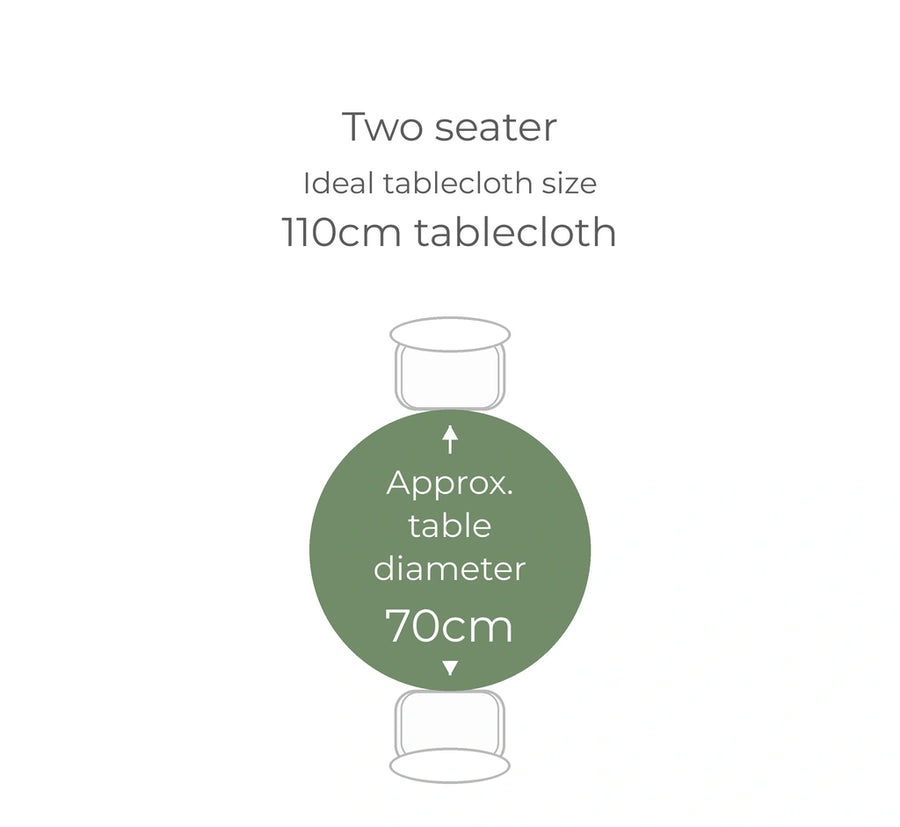 Two seater: approximately 70cm diameter table; ideal tablecloth size 110cm round. Check your table measurements and preferred overhang.