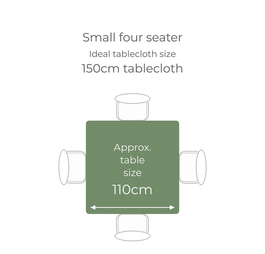 Small four seater: approximately 110cm square table; ideal tablecloth size 150cm square. Check your table measurements and preferred overhang.