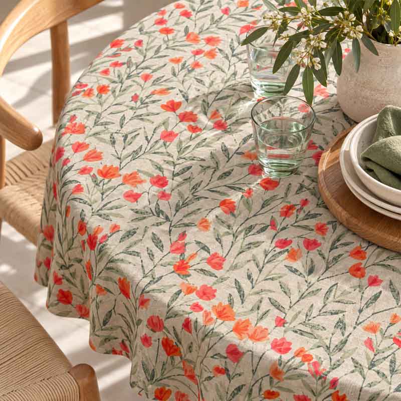 Closeup of Wild Poppy floral tablecloth on a round table