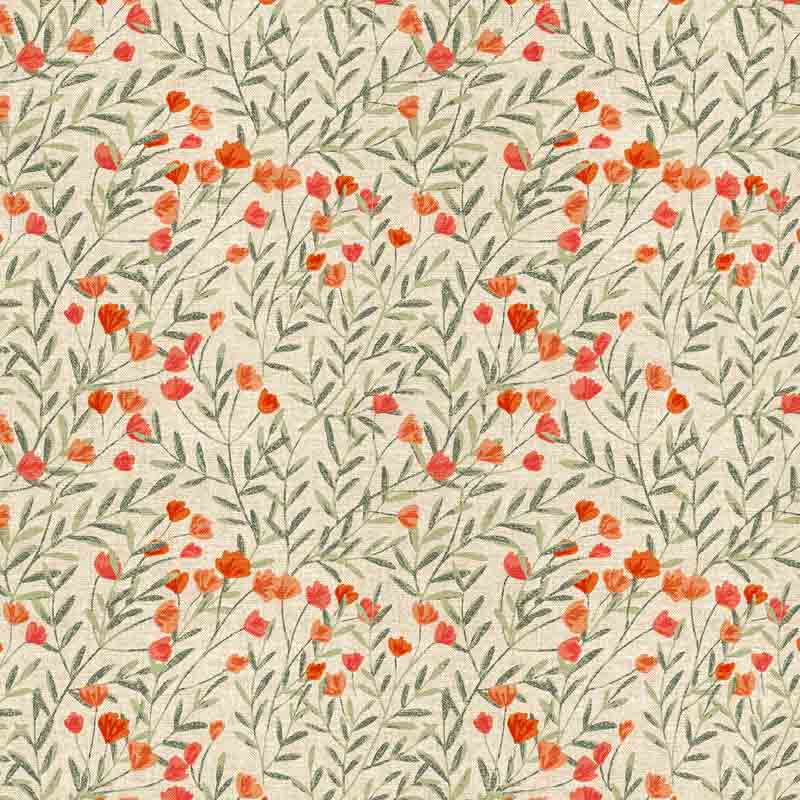 Wild Poppy fabric pattern with coral and orange flowers and green stems